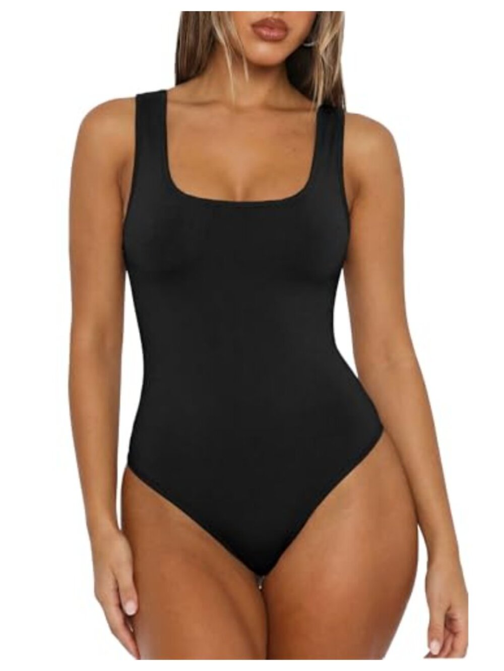 Ribbed Knit Square Neck Sleeveless Bodysuit Top Snap Closure